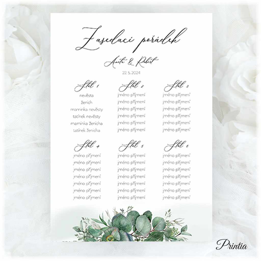 Wedding seating chart with eucalyptus