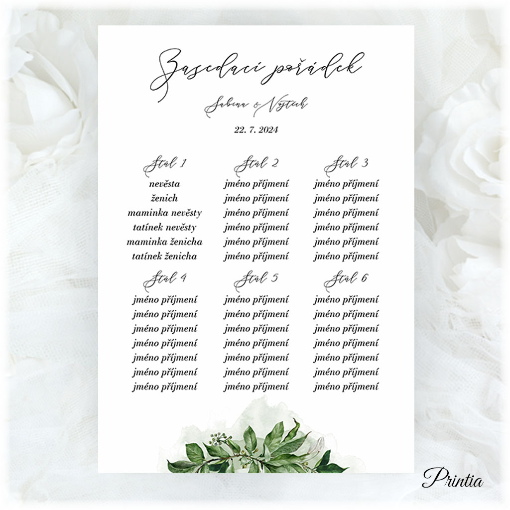 Wedding seating chart with eucalyptus