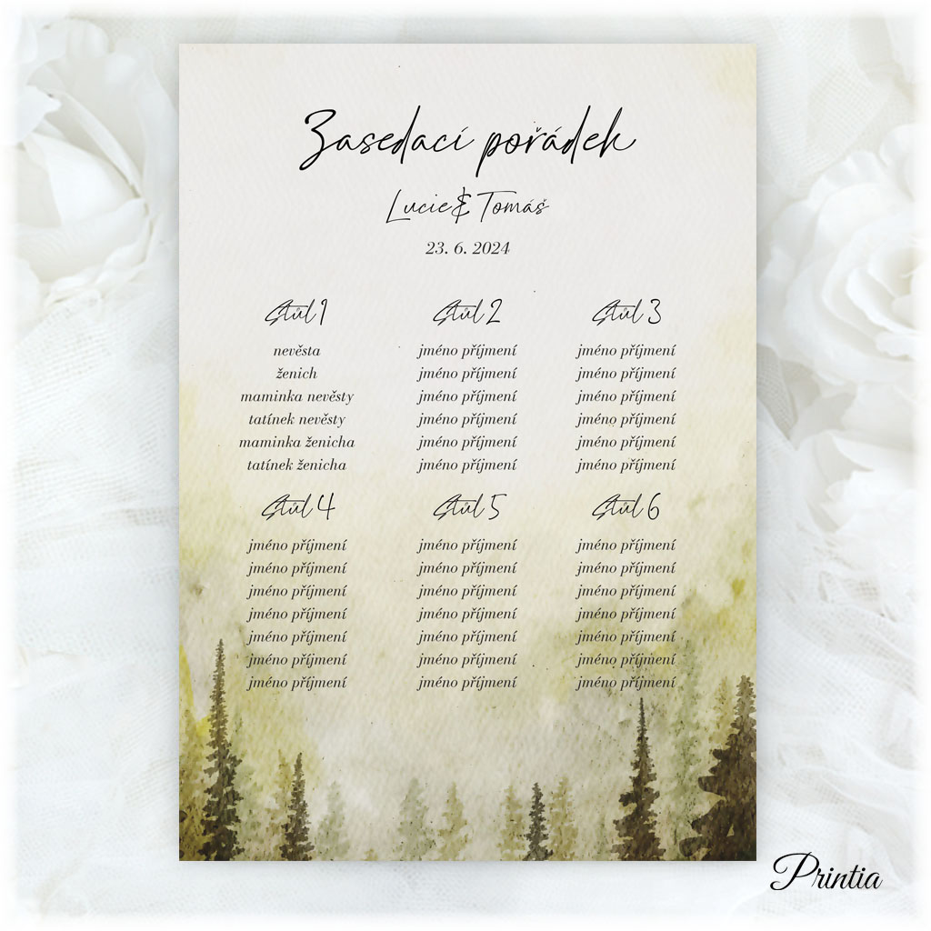 Wedding seating chart with a forest theme