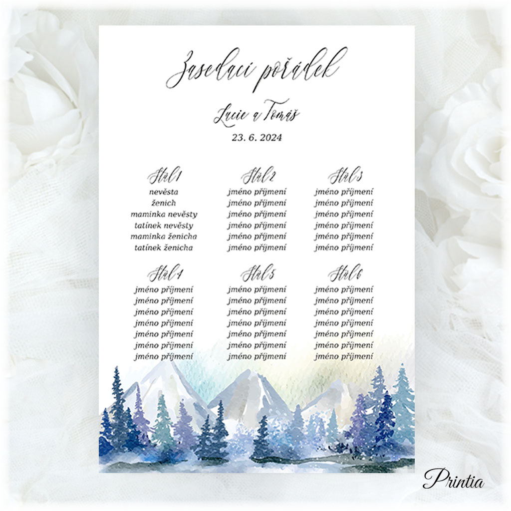 Wedding seating chart with mountains