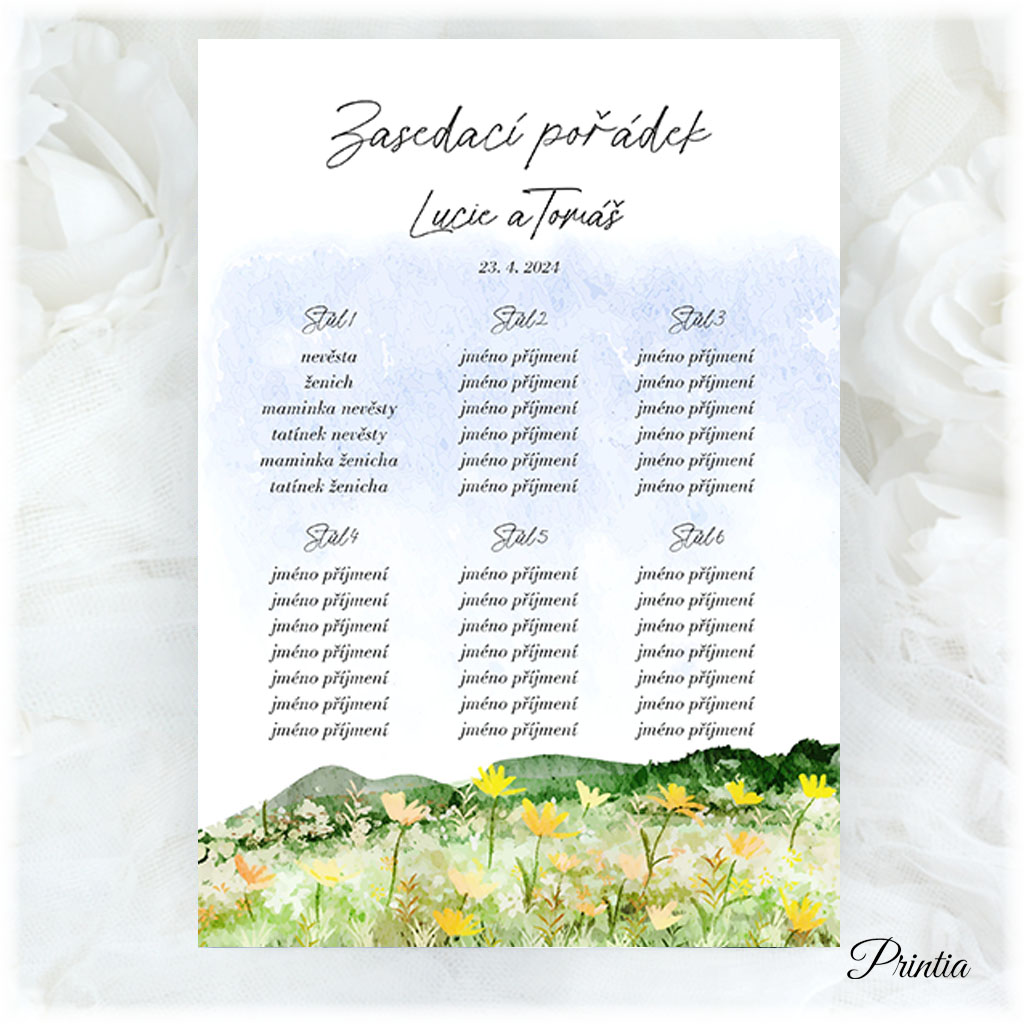 Wedding seating chart with a blooming meadow