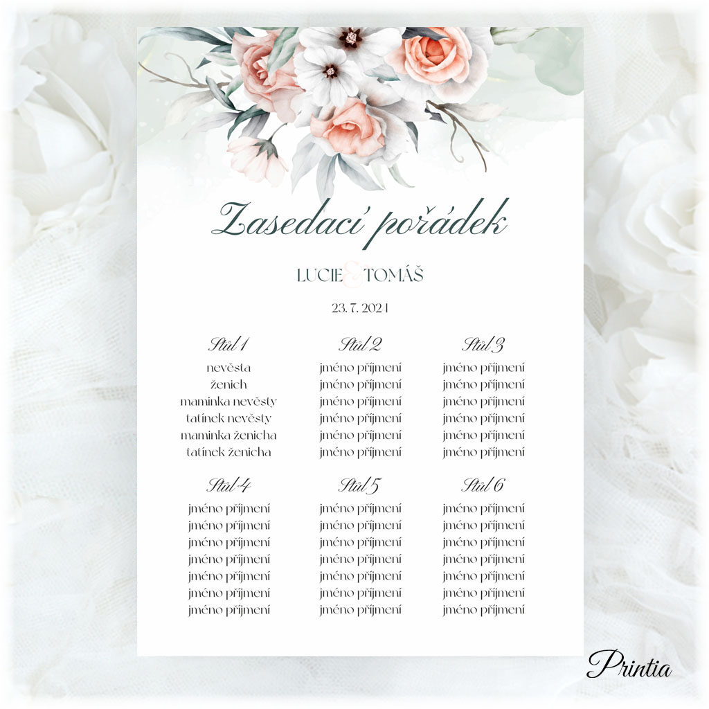 Wedding seating chart with apricot gray flowers