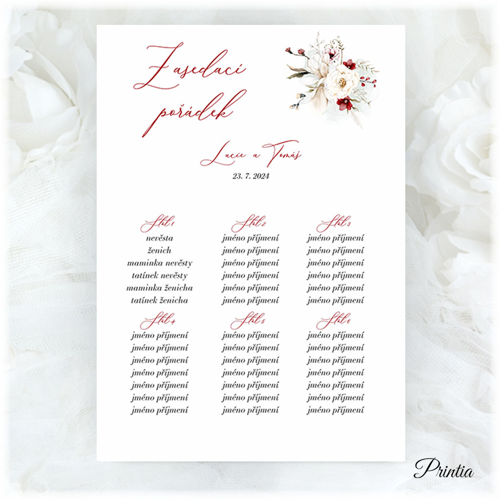Wedding seating chart with red and white flowers