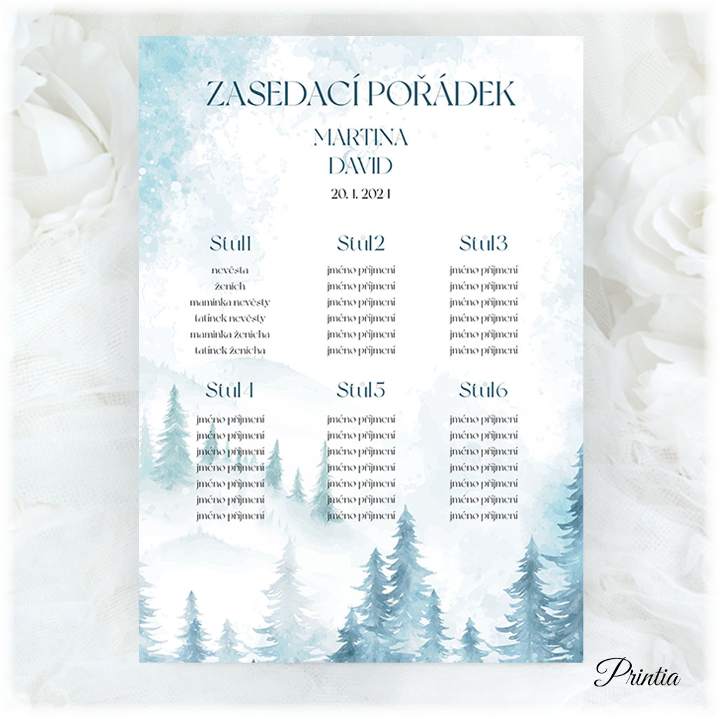 Wedding seating chart with snowy landscape