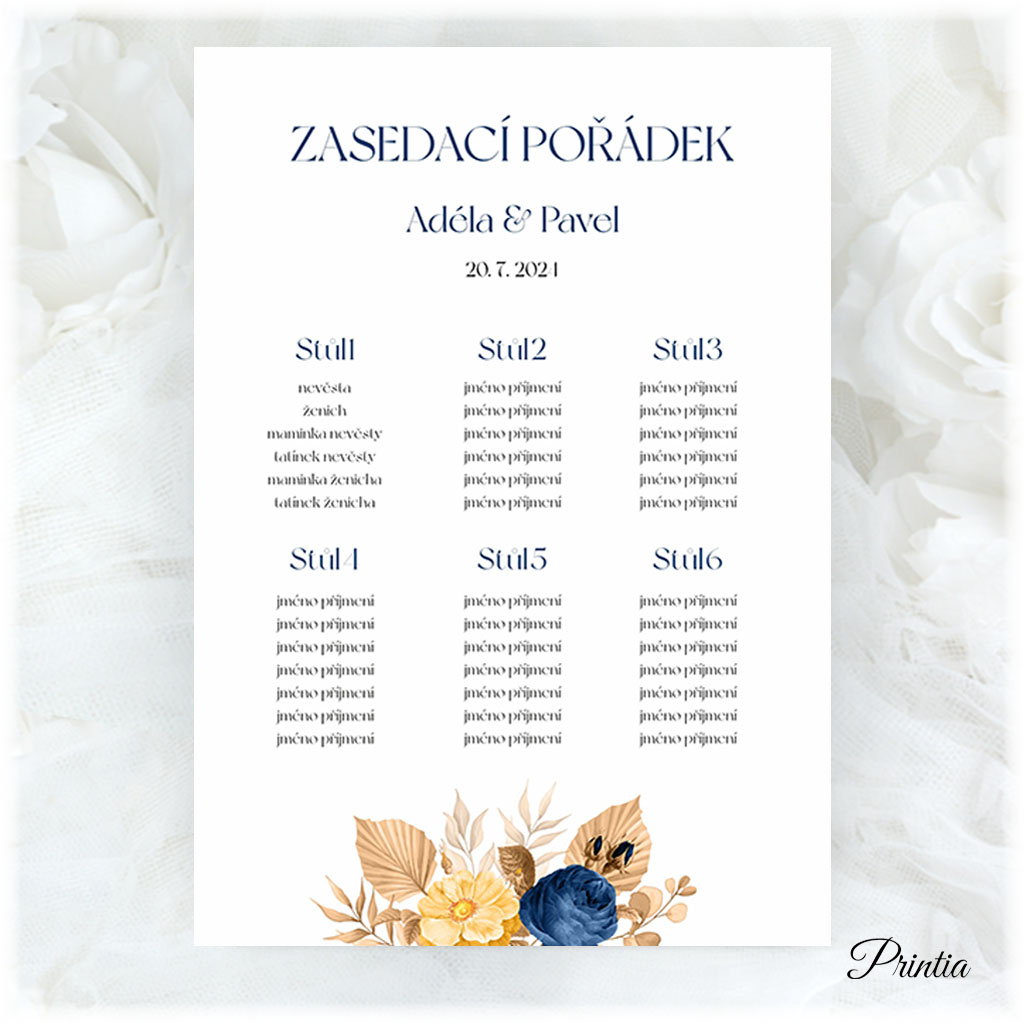 Wedding seating chart with blue and yellow flowers