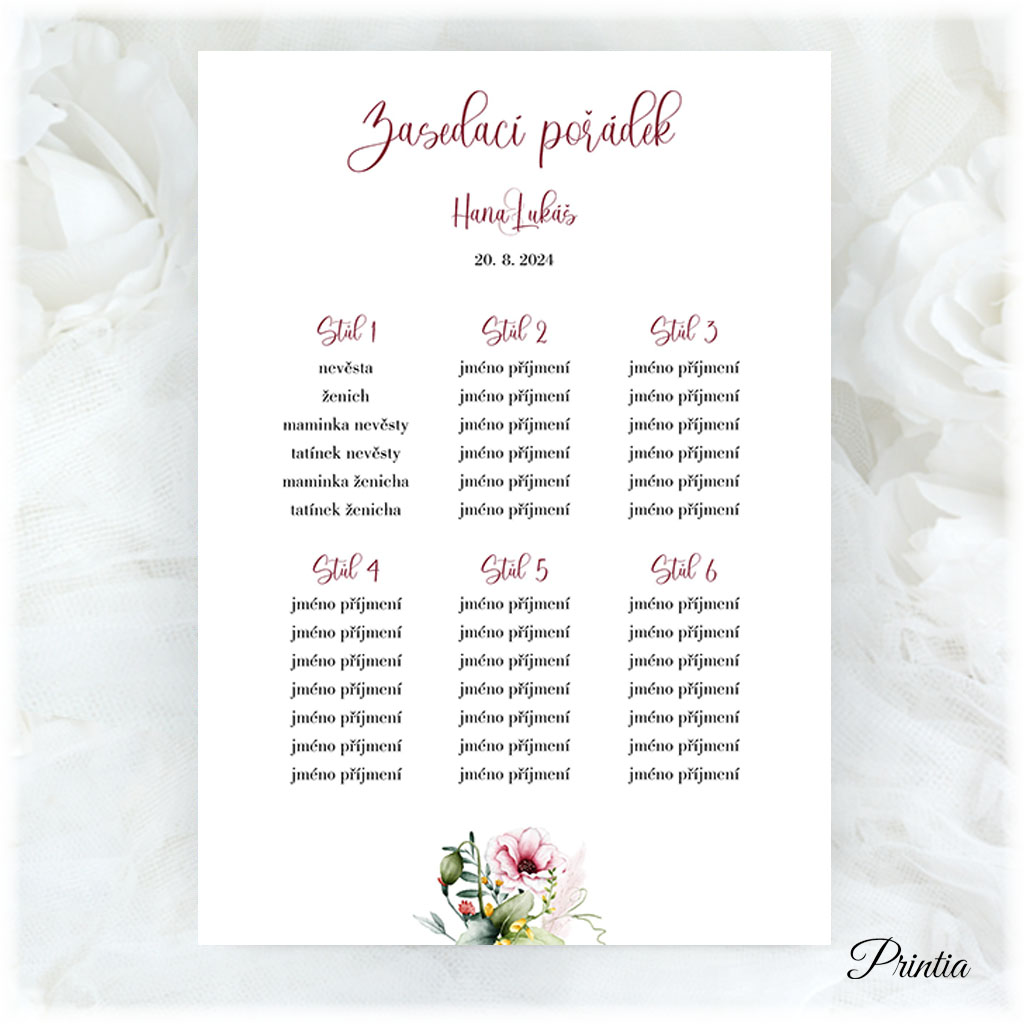 Wedding seating chart with colorful flowers