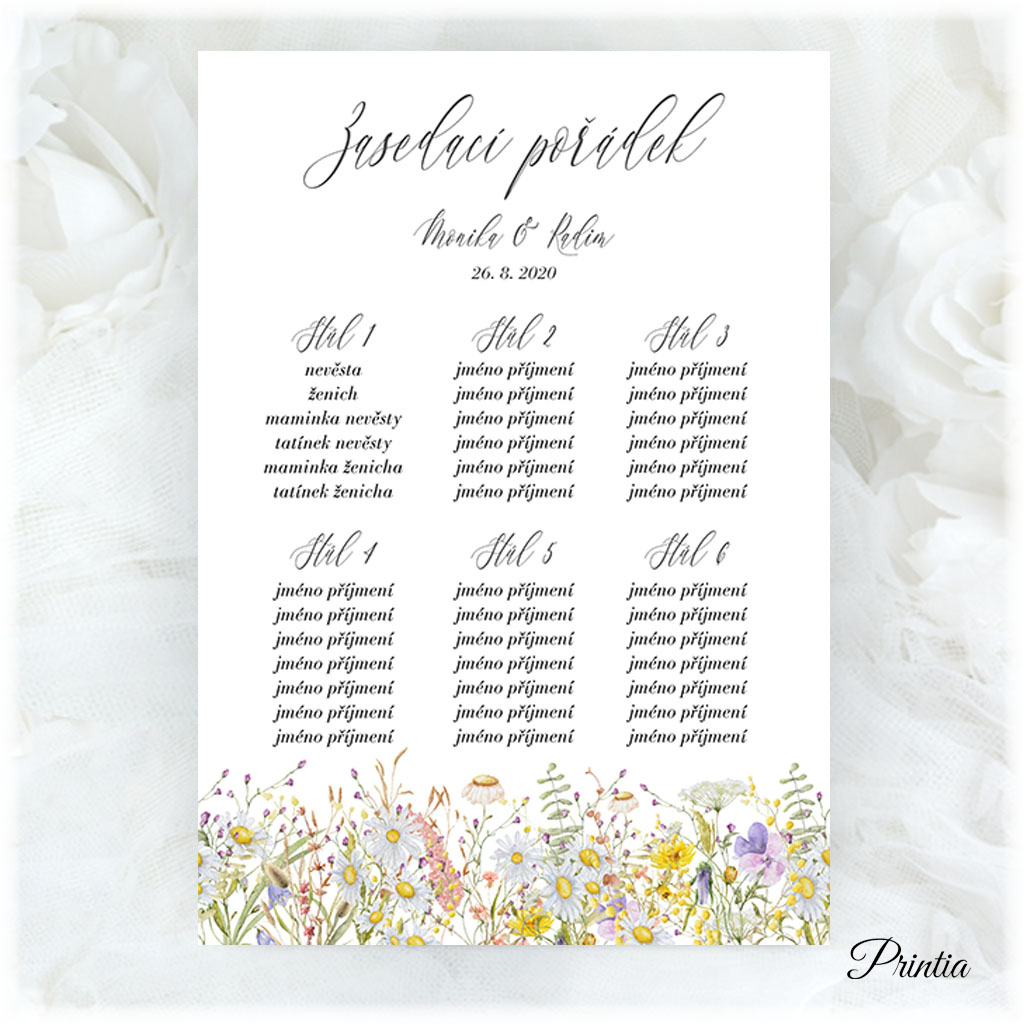 Wedding seating chart with meadow flowers