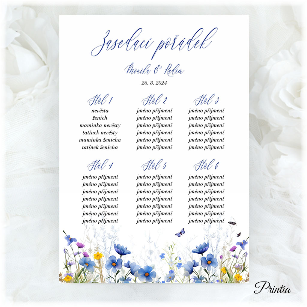 Wedding seating chart with a meadow of blue flowers