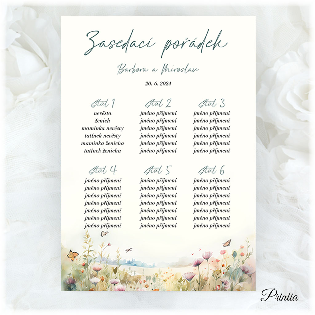 Wedding seating chart with a blooming meadow