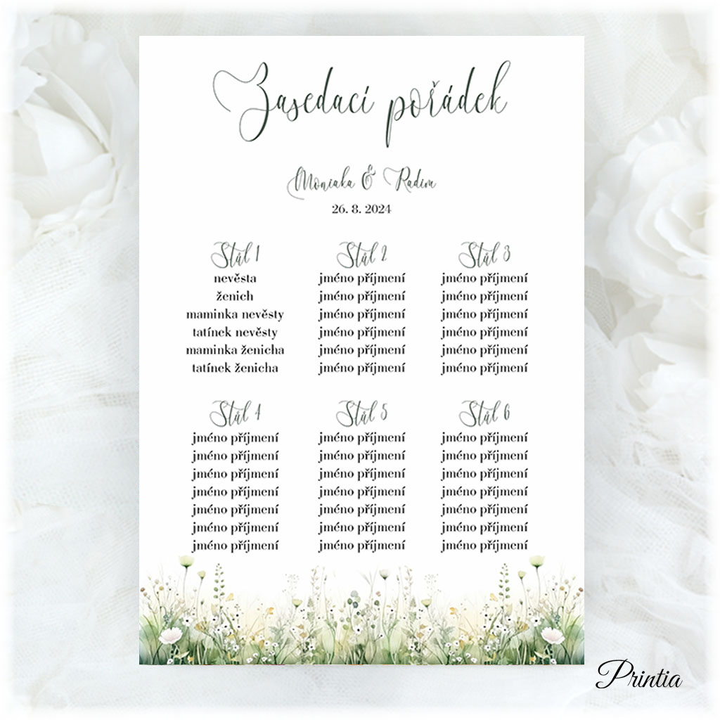 Wedding seating chart with a meadow