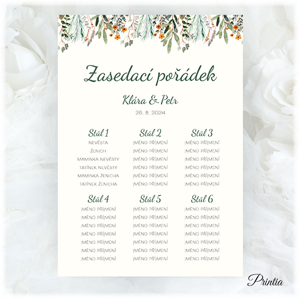 Wedding seating chart with a meadow