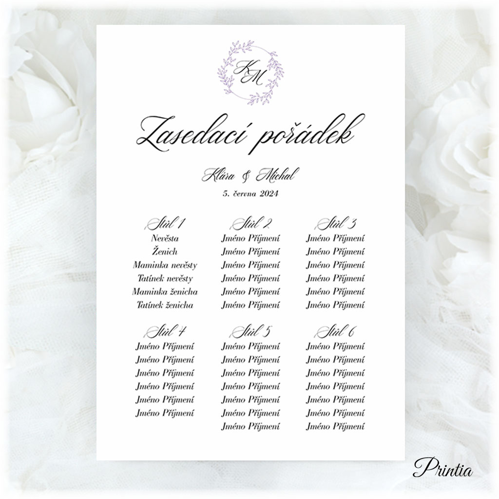 Wedding seating chart with initials