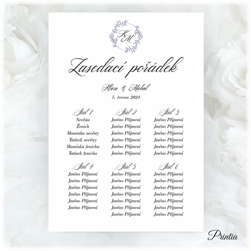 Wedding seating chart with initials