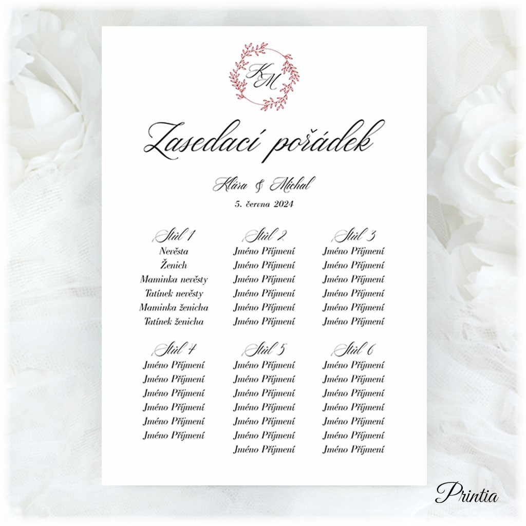 Wedding seating chart with initials