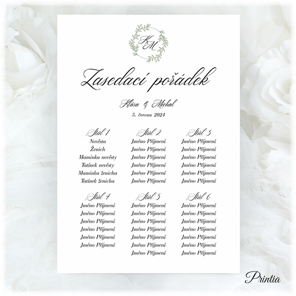 Wedding seating chart with initials