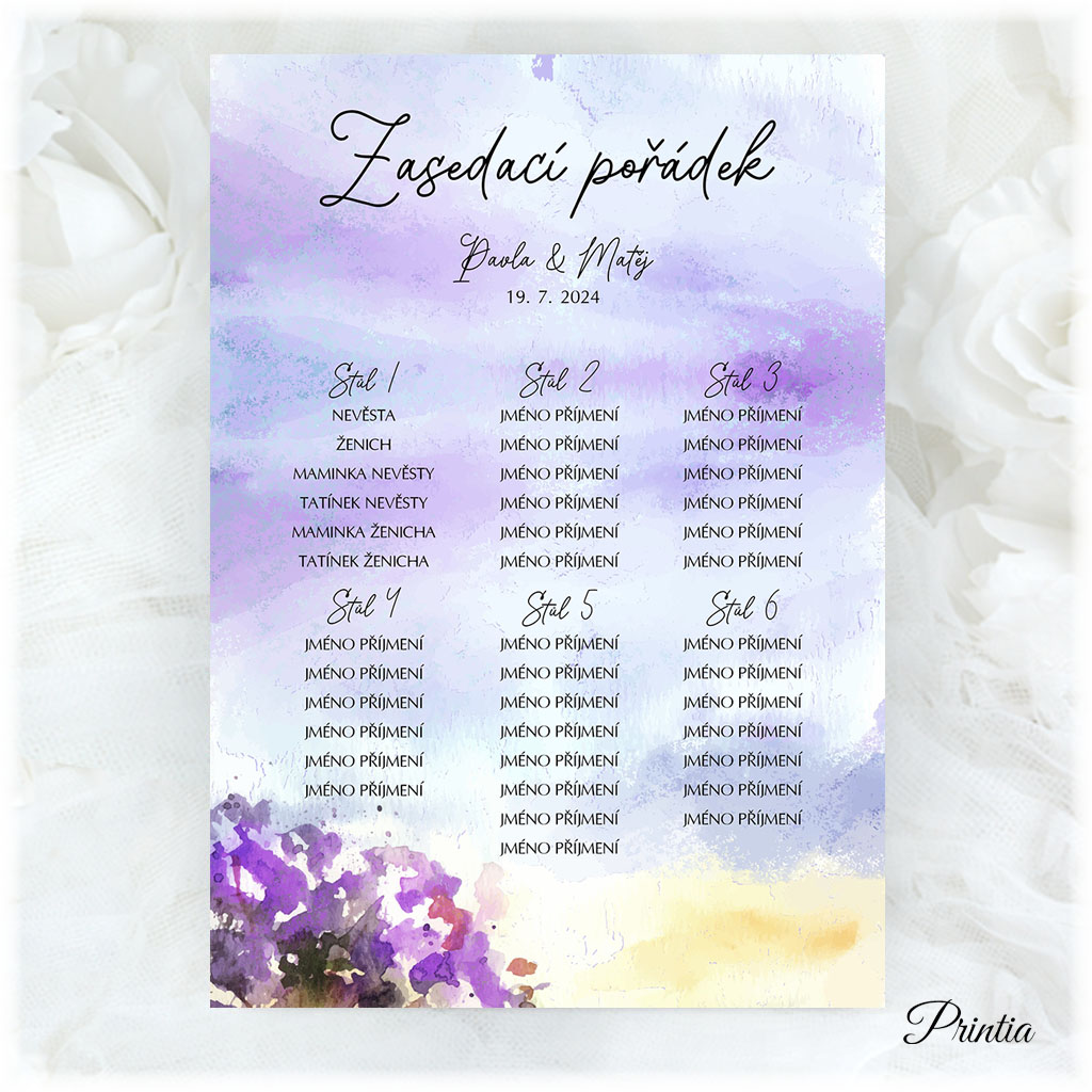 Wedding seating chart with purple tree