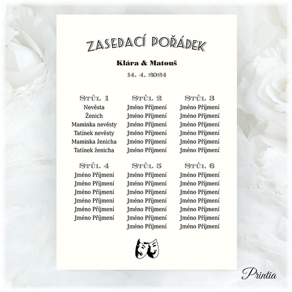 Wedding seating chart with theater masks