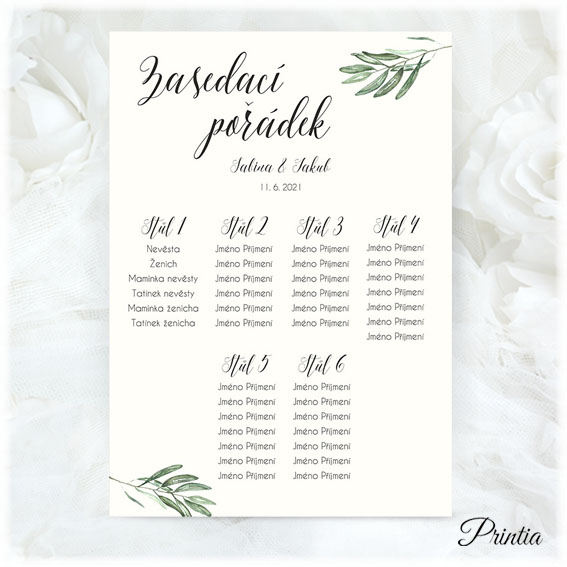 Seating chart in natural style with green leaves