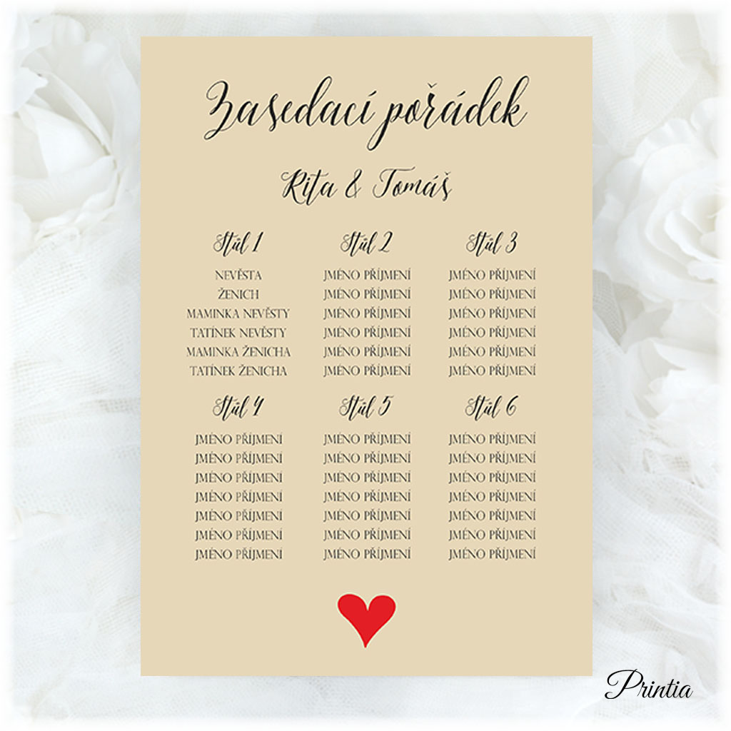 Wedding seating chart with red heart