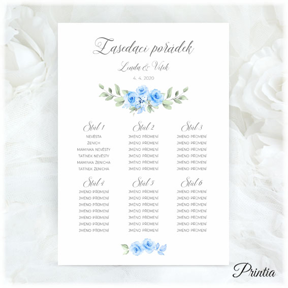 Wedding seating plan with blue flowers