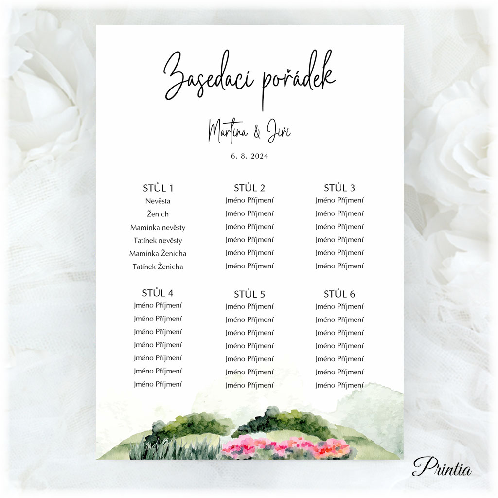 Wedding seating chart with landscape and cypress trees