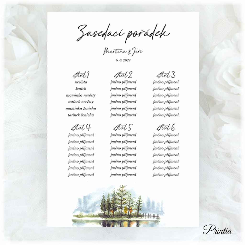 Wedding seating chart with a lake