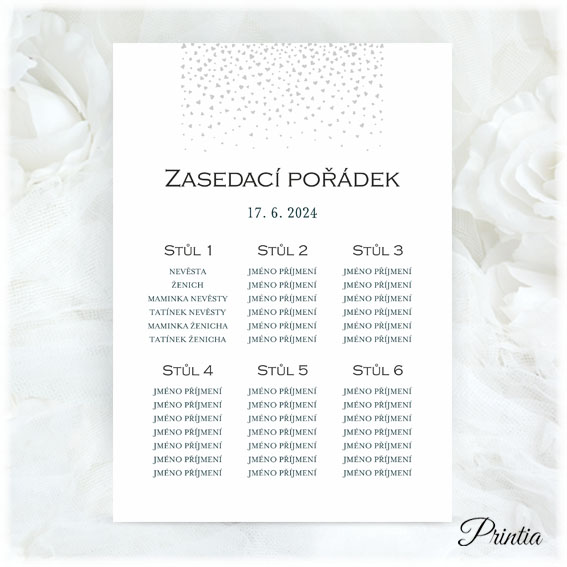 Wedding seating plan with small printed hearts