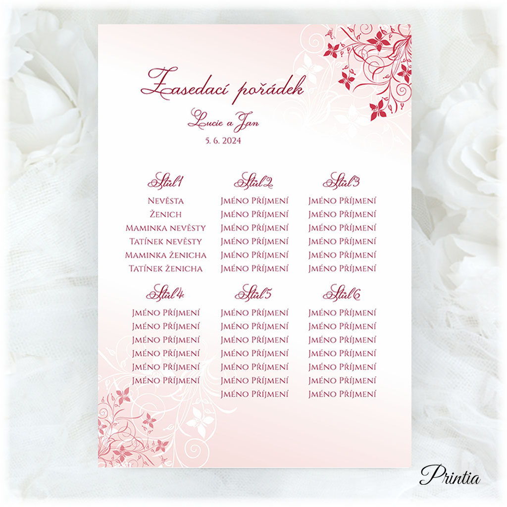 Wedding seating plan with red ornament